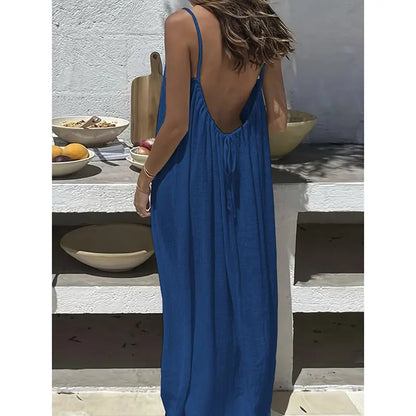Women's Cotton Linen Backless Loose Dress with Pockets
